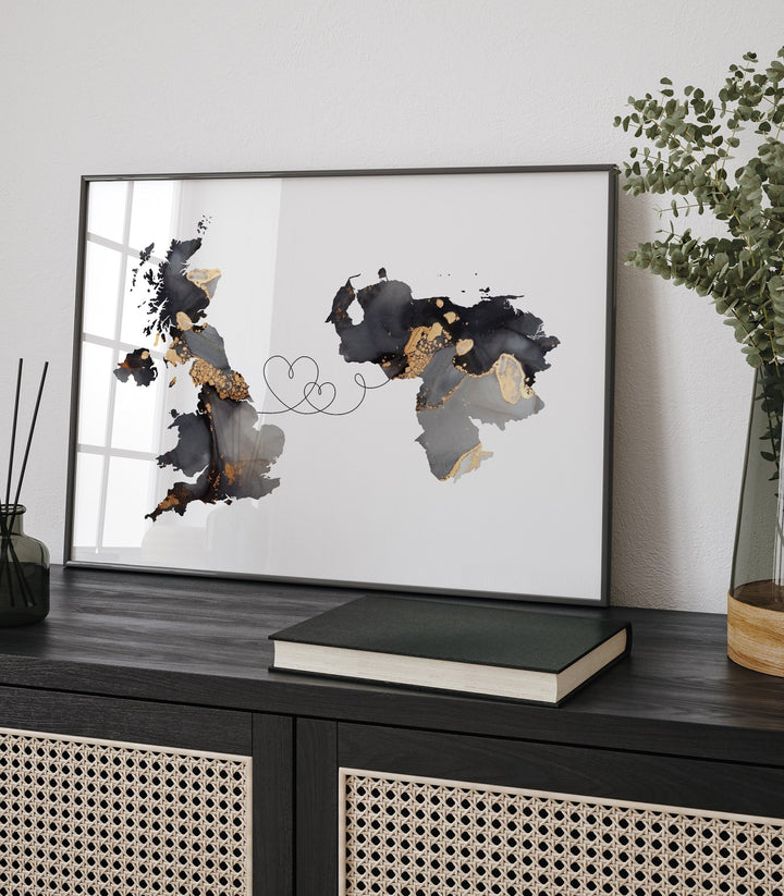 Britain and Venezuela Map Black & Gold Travel Wall Art Print | United Kingdom | UK