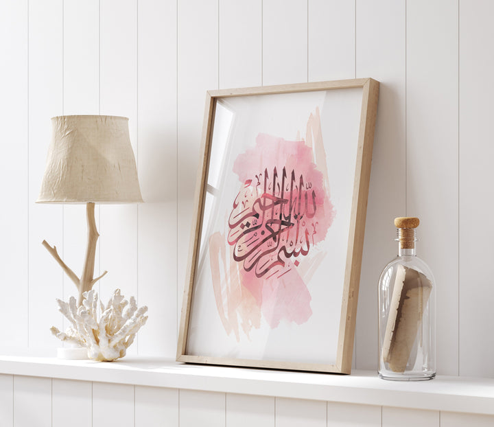 Bismillah Pink Watercolour | Arabic Calligraphy | Modern Islamic Wall Art Print