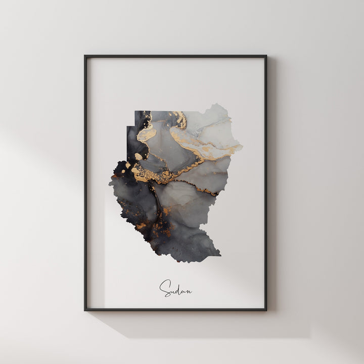 Sudan North + South Map Black & Gold Wall Art Print [EV]