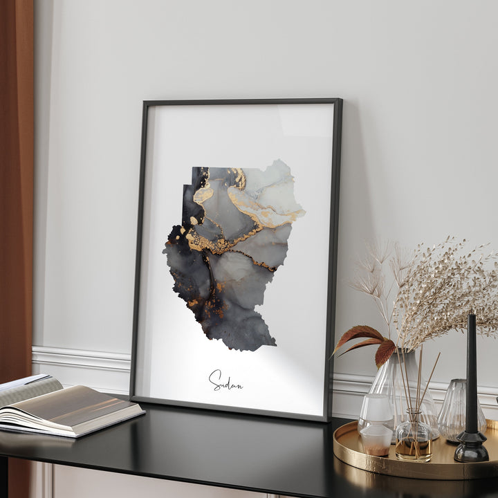 Sudan North + South Map Black & Gold Wall Art Print [EV]