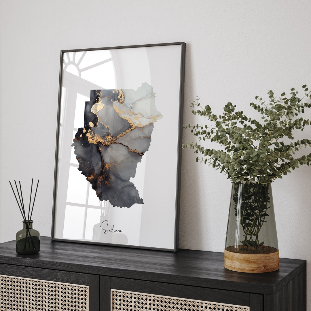 Sudan North + South Map Black & Gold Wall Art Print [EV]