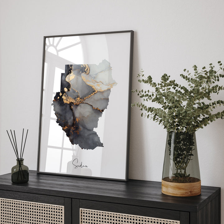 Sudan North + South Map Black & Gold Wall Art Print [EV]