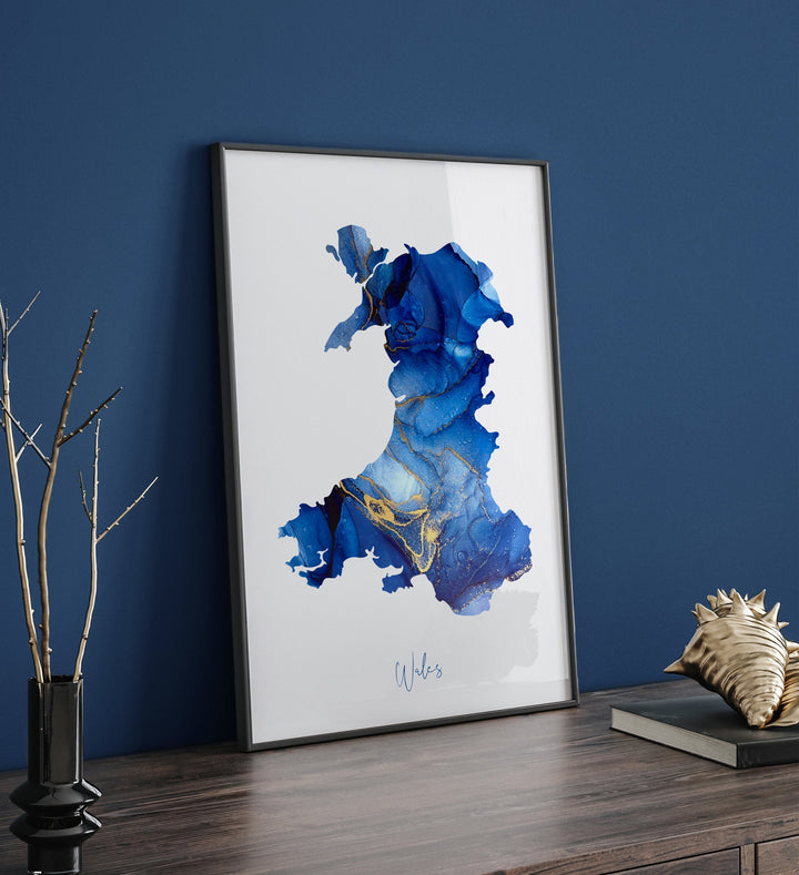 Wales Map Blue & Gold Wall Art Print