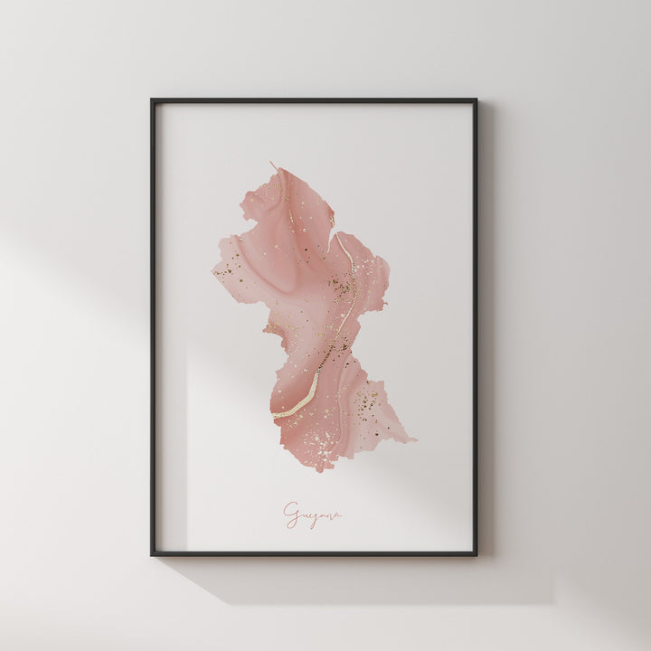 Guyana Map Pink & Gold Wall Art Print