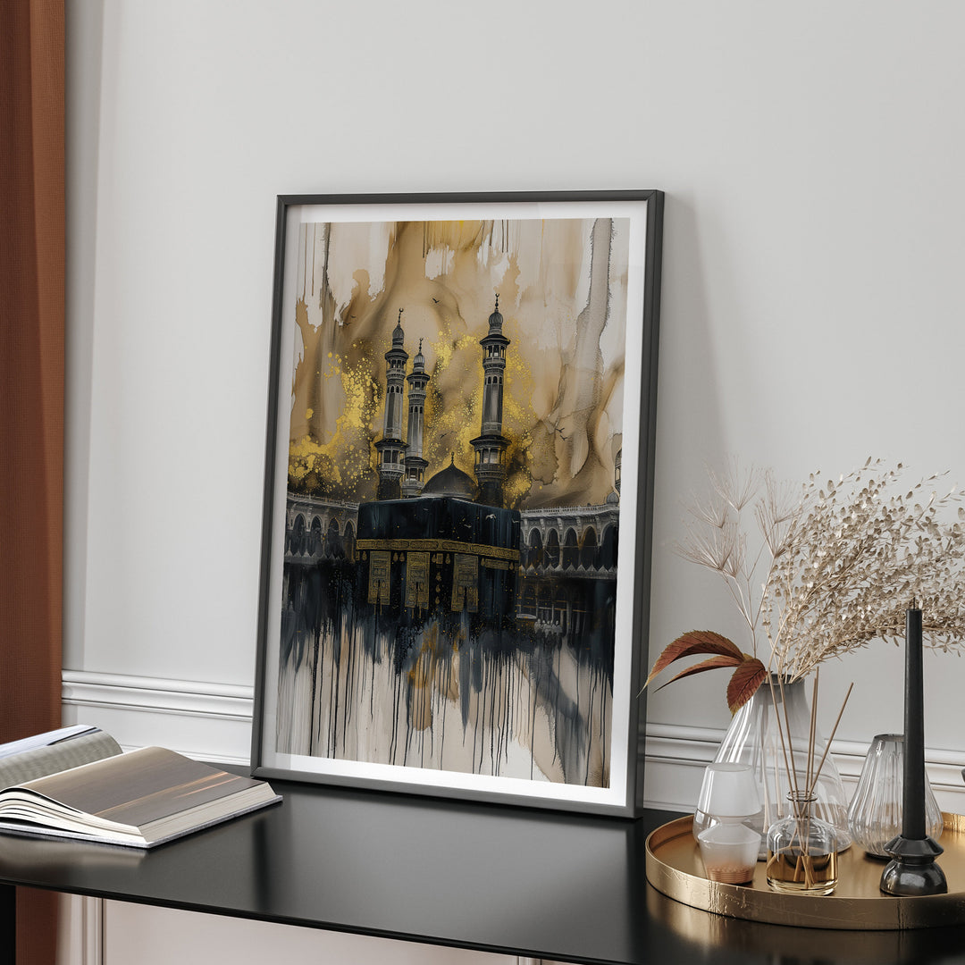Black and Gold Kaaba Wall Art Print | Masjid Al Haram Grand Mosque Mecca Watercolour Painting | 2024 Edition