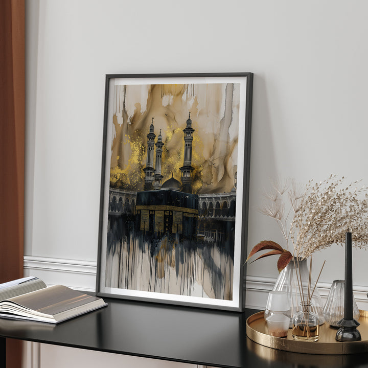 Black and Gold Kaaba Wall Art Print | Masjid Al Haram Grand Mosque Mecca Watercolour Painting | 2024 Edition