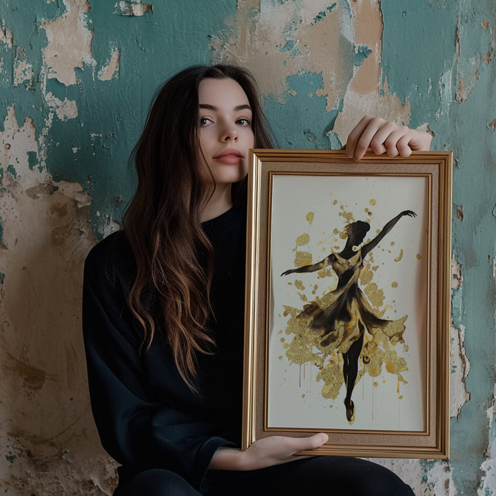 Real Metallic Gold Foil Wall Art Print of a Dancing Woman