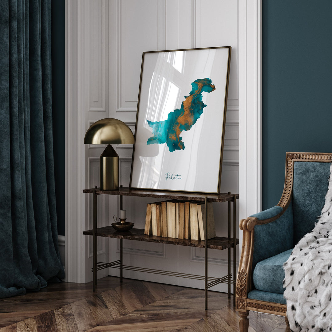 Custom Map Any Country or US State Map Turquoise & Gold Wall Art Print
