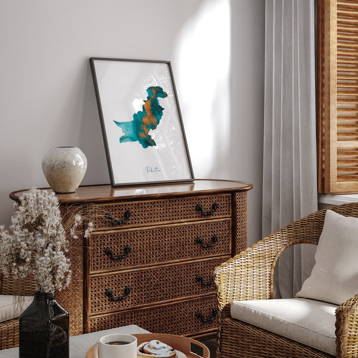 Custom Map Any Country or US State Map Turquoise & Gold Wall Art Print