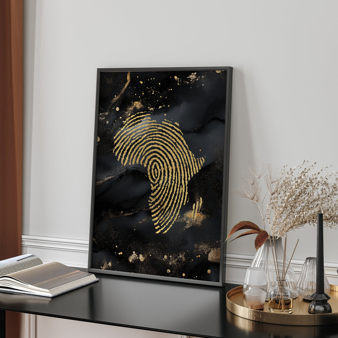 Africa Map Fingerprint Black & Gold Metallic Gold Foil Wall Art Print | Roots Gift