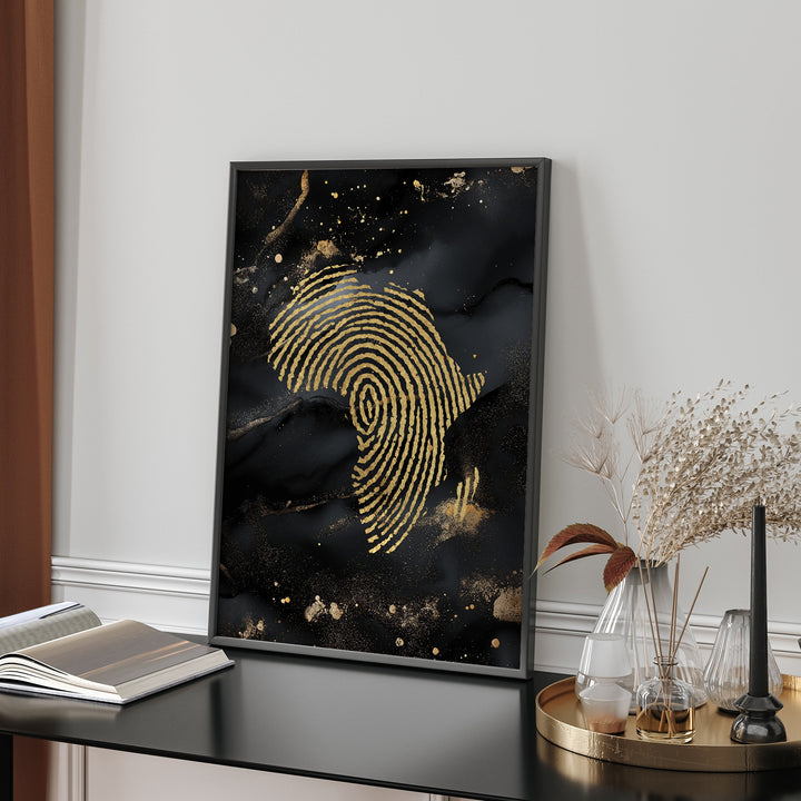 Africa Map Fingerprint Black & Gold Metallic Gold Foil Wall Art Print | Roots Gift