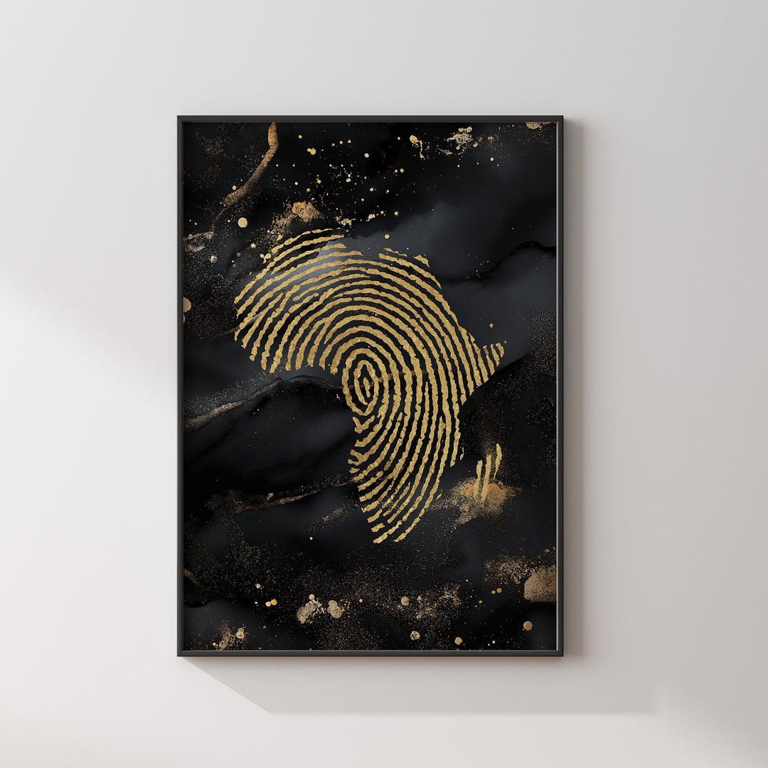 Africa Map Fingerprint Black & Gold Metallic Gold Foil Wall Art Print | Roots Gift