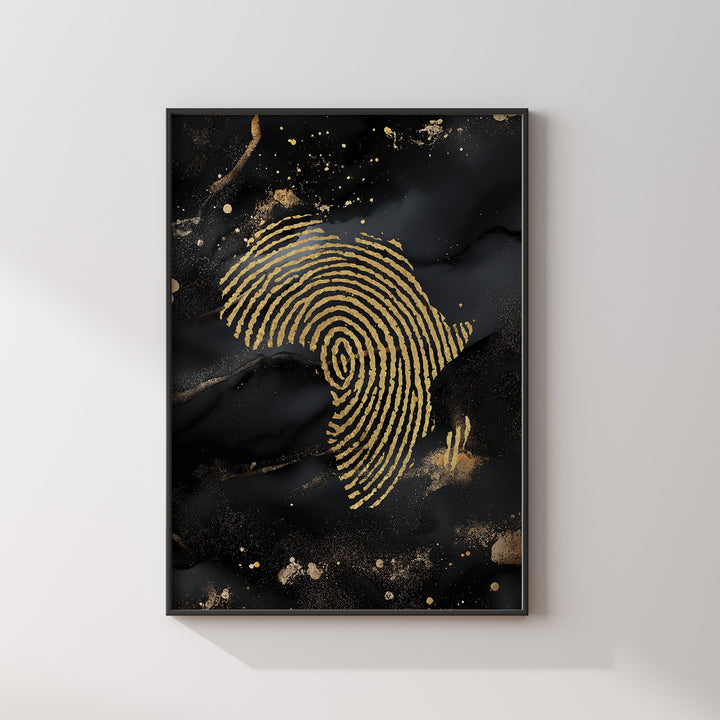 Africa Map Fingerprint Black & Gold Metallic Gold Foil Wall Art Print | Roots Gift