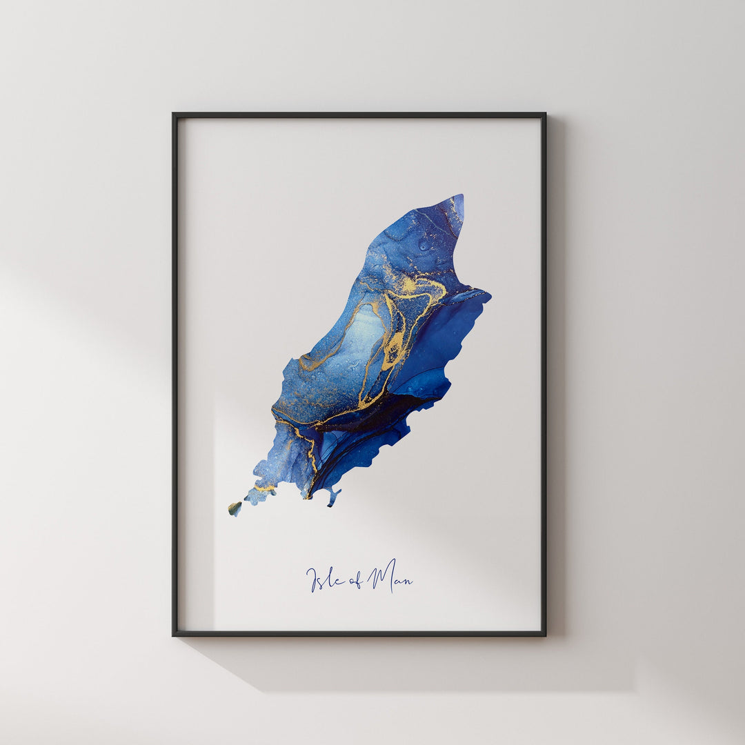 Isle of Man Map Blue and Gold Wall Art Print (24PU)