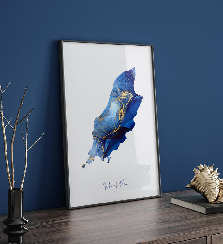 Isle of Man Map Blue and Gold Wall Art Print (24PU)