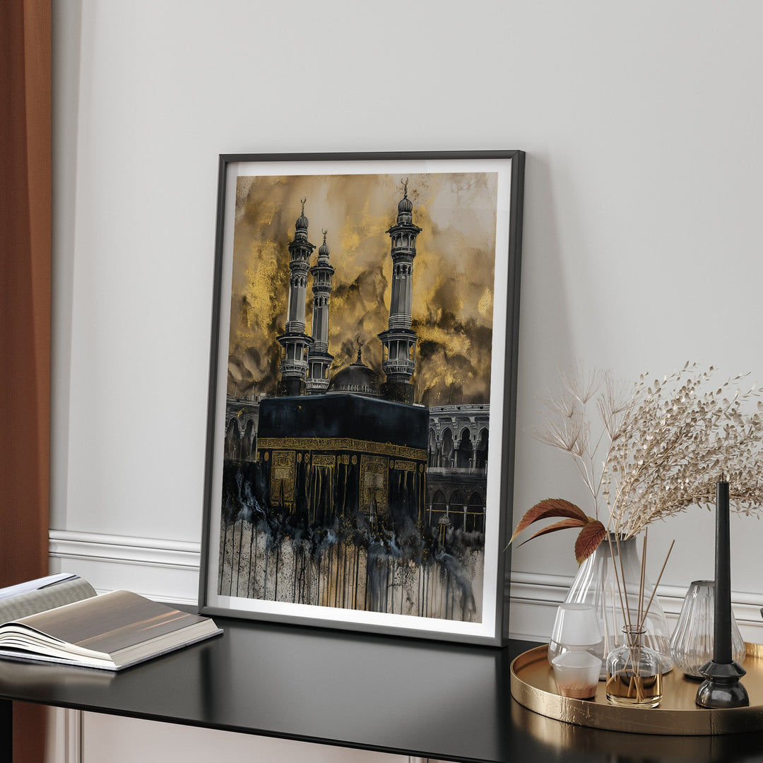 Black and Gold Kaaba Wall Art Print | Masjid Al Haram Grand Mosque Mecca Watercolour Painting | 2024 Edition