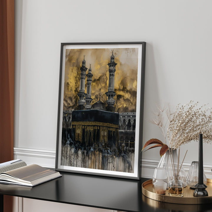 Black and Gold Kaaba Wall Art Print | Masjid Al Haram Grand Mosque Mecca Watercolour Painting | 2024 Edition
