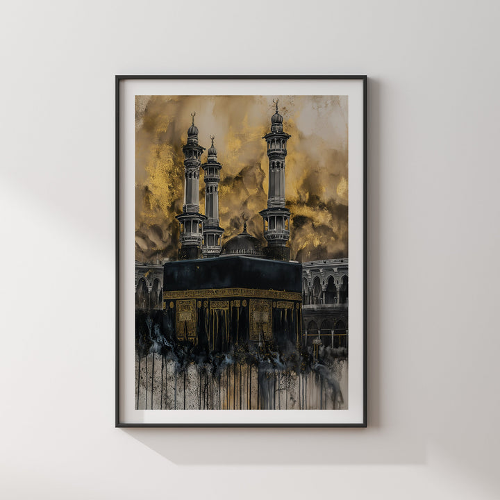 Black and Gold Kaaba Wall Art Print | Masjid Al Haram Grand Mosque Mecca Watercolour Painting | 2024 Edition