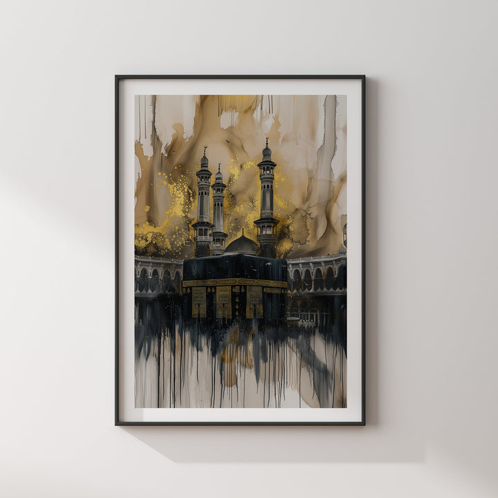 Black and Gold Kaaba Wall Art Print | Masjid Al Haram Grand Mosque Mecca Watercolour Painting | 2024 Edition