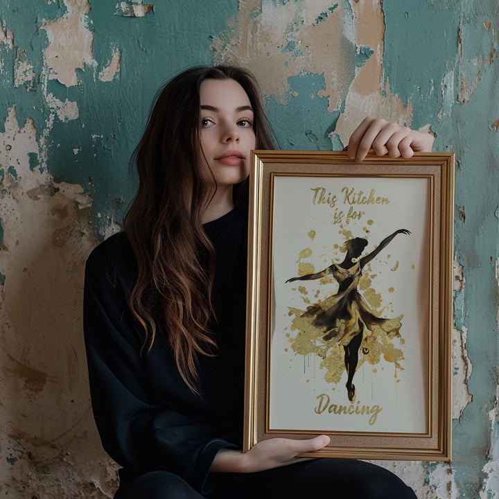 This Kitchen Is For Dancing Real Metallic Gold Foil Wall Art Print of a Dancing Woman | Typography Quote Black and Gold Art
