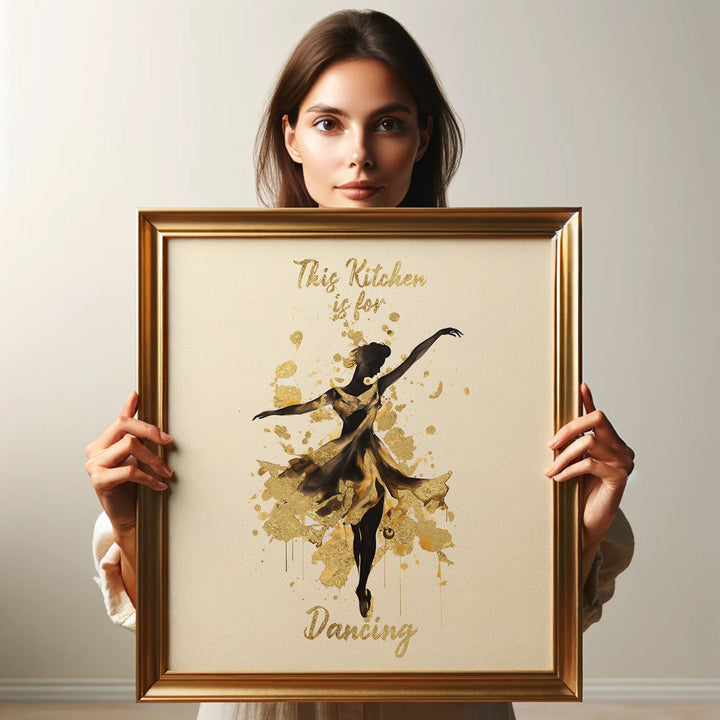 This Kitchen Is For Dancing Real Metallic Gold Foil Wall Art Print of a Dancing Woman | Typography Quote Black and Gold Art