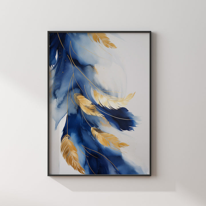 Navy Blue & Gold Feather Wall Art Print