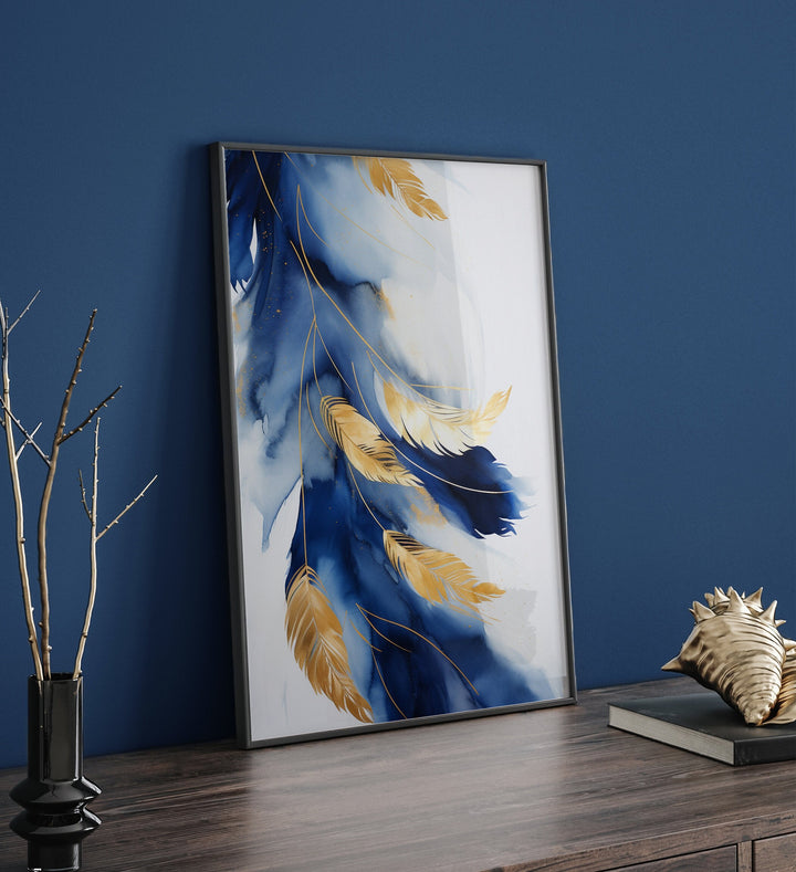 Navy Blue & Gold Feather Wall Art Print