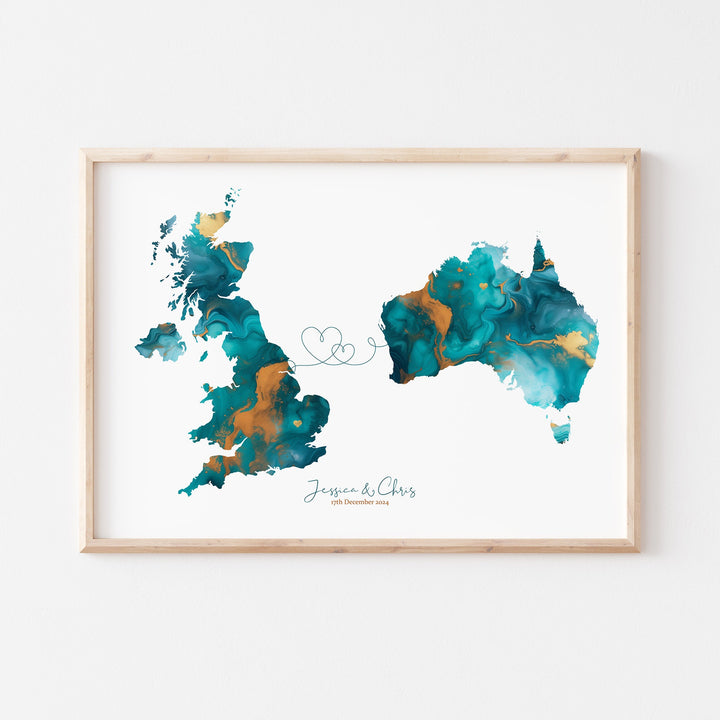 Personalised UK to Australia Map Turquoise & Gold Green Travel Wall Art Print | Couples Gift | Wedding Gift | Britain | United Kingdom