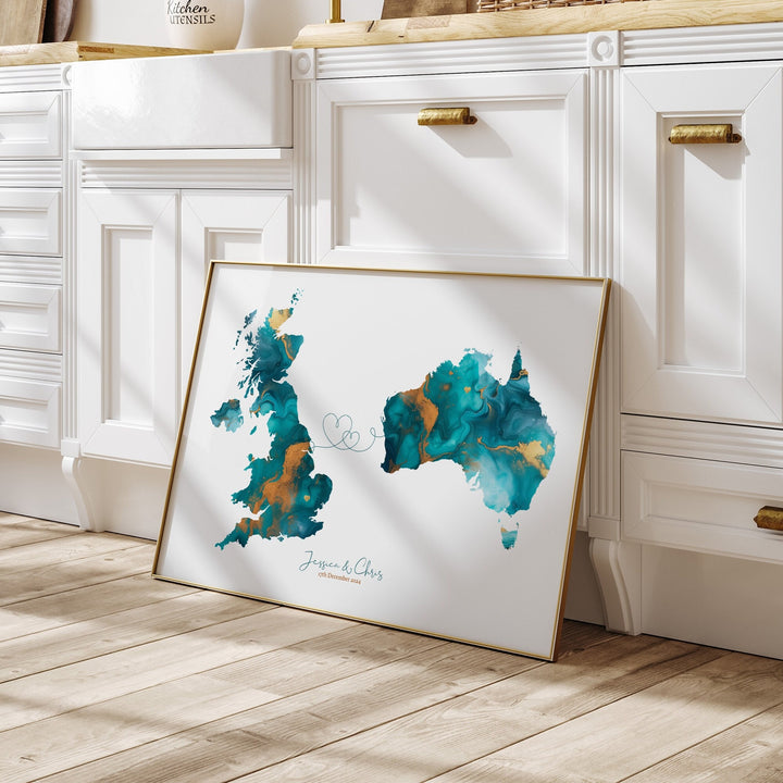 Personalised UK to Australia Map Turquoise & Gold Green Travel Wall Art Print | Couples Gift | Wedding Gift | Britain | United Kingdom