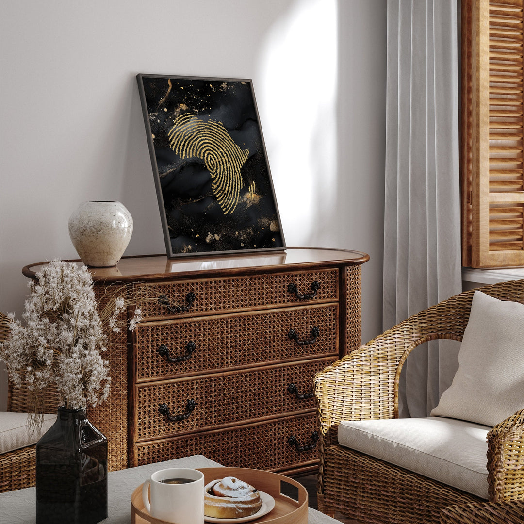 Africa Map Fingerprint Black & Gold Metallic Gold Foil Wall Art Print | Roots Gift