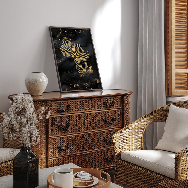 Africa Map Fingerprint Black & Gold Metallic Gold Foil Wall Art Print | Roots Gift