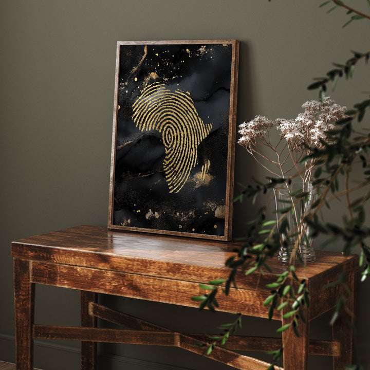Africa Map Fingerprint Black & Gold Metallic Gold Foil Wall Art Print | Roots Gift