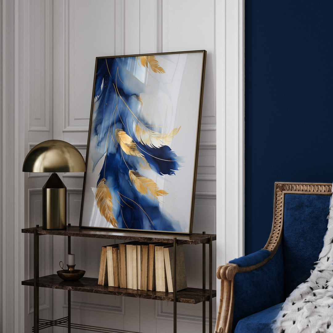 Navy Blue & Gold Feather Wall Art Print
