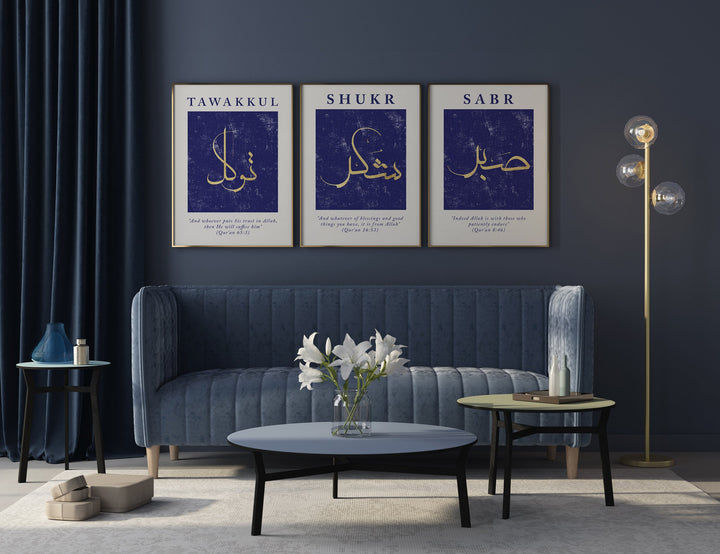Set of 3 Sabr Shukr Tawakkul Navy Blue & Gold Vintage Abstract Islamic Wall Art Prints Patience Gratitude Reliance Minimal Text