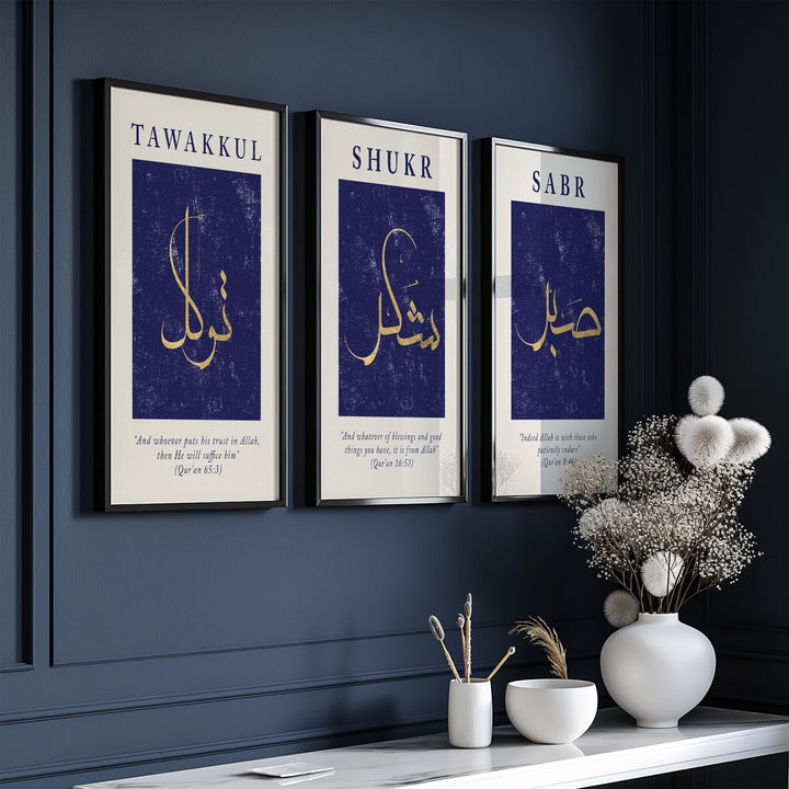 Set of 3 Sabr Shukr Tawakkul Navy Blue & Gold Vintage Abstract Islamic Wall Art Prints Patience Gratitude Reliance Minimal Text