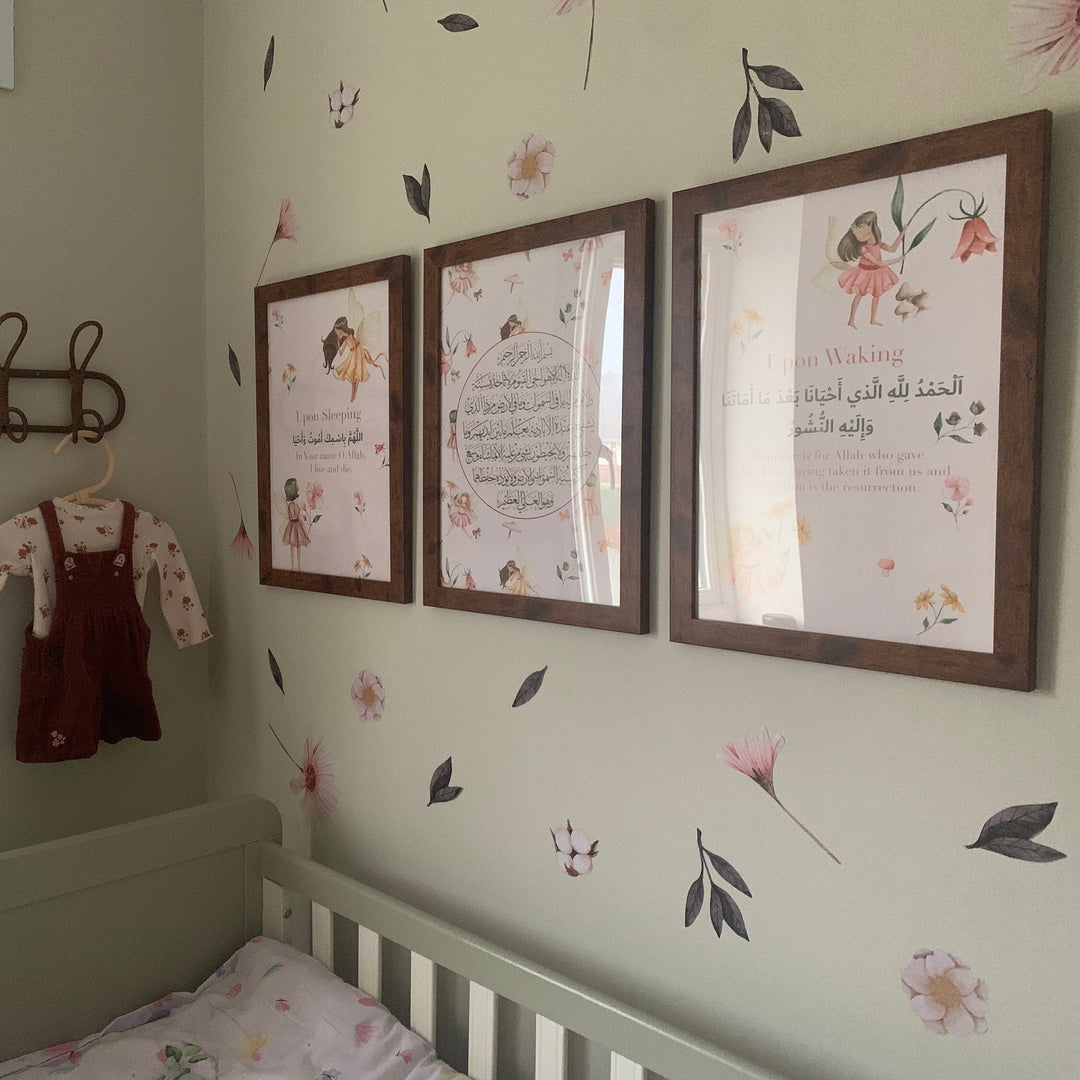 A3 Framed Set of 3 Childrens Islamic Wall Art Prints in Fairy & Floral Theme Morning Dua Sleeping Dua Ayatul Kursi Sage Green and Pink