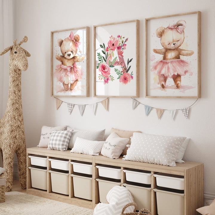 Set of 3 Ballerina Animals Bear Nursery Prints | Custom Monogram | Baby Room Decor | Baby Girl Nursery | Bear | Ballet Prints