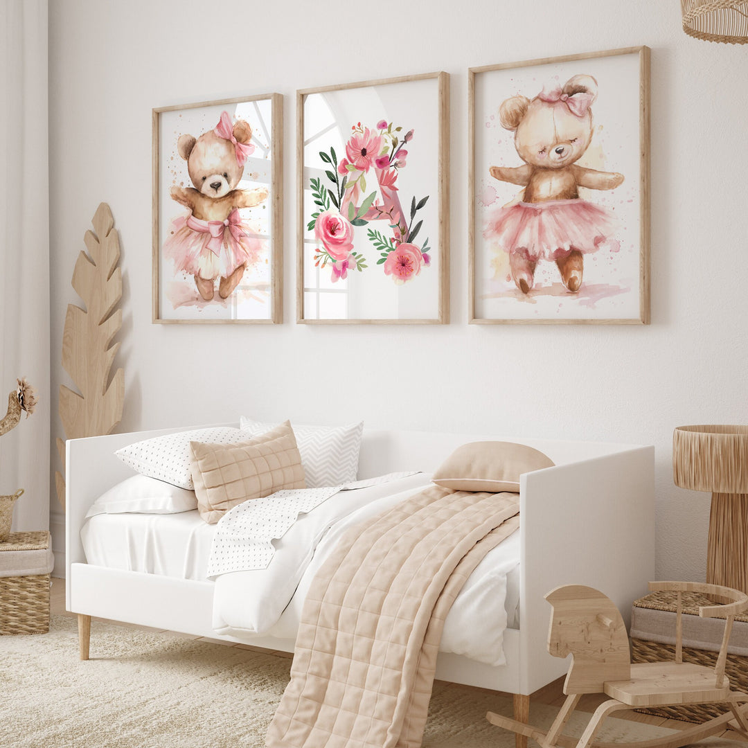 Set of 3 Ballerina Animals Bear Nursery Prints | Custom Monogram | Baby Room Decor | Baby Girl Nursery | Bear | Ballet Prints