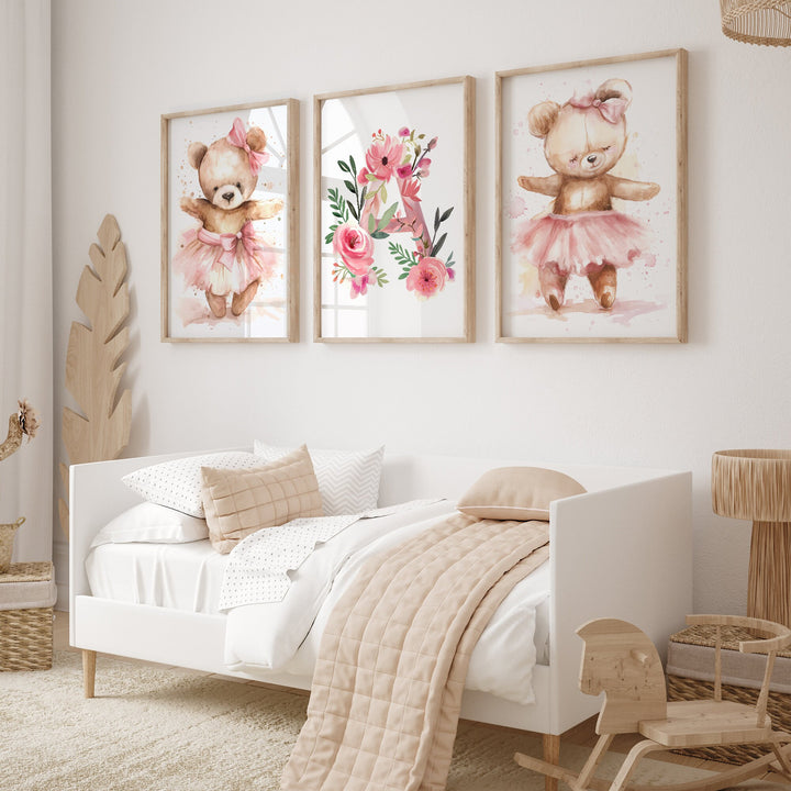 Set of 3 Ballerina Animals Bear Nursery Prints | Custom Monogram | Baby Room Decor | Baby Girl Nursery | Bear | Ballet Prints