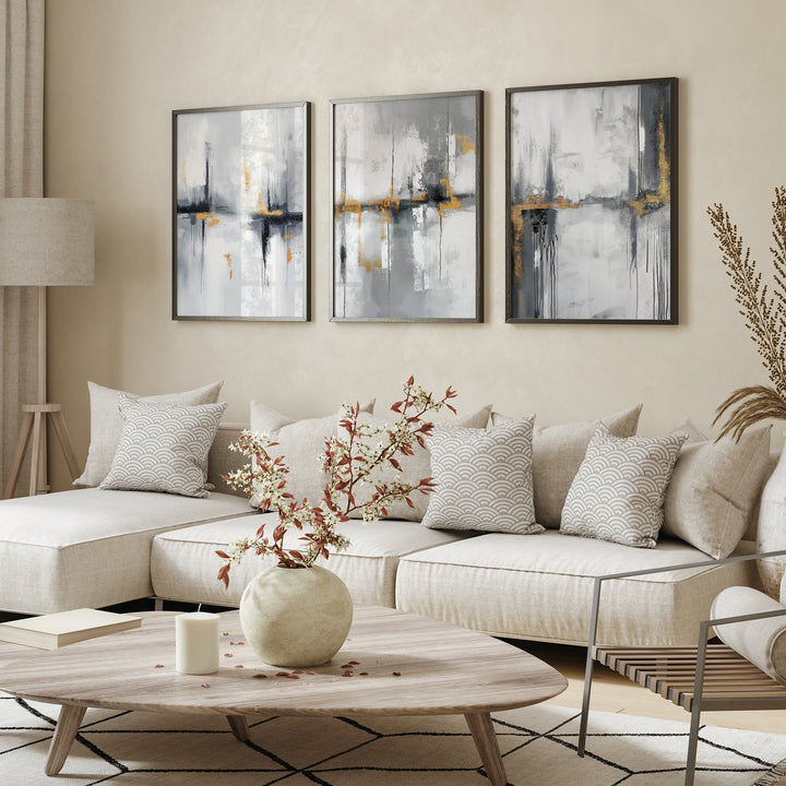 Gray & Gold Abstract Wall Art Prints | Set of 3 Modern Grey Painting Wall Art Decor