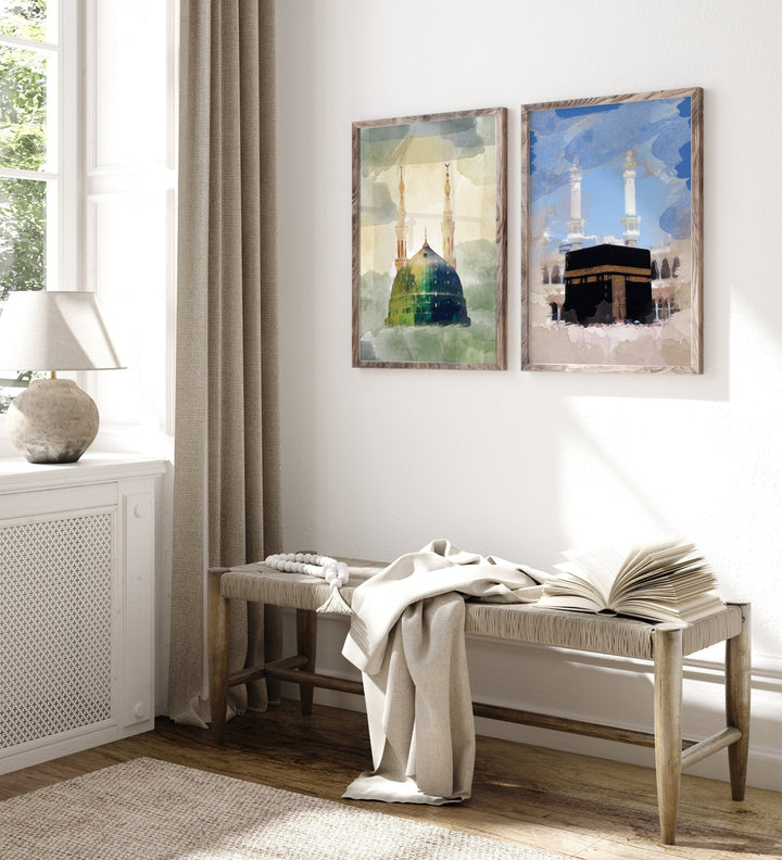Set of 2 Holy Mosques Abstract Watercolour Islamic Wall Art Prints Masjid Nabwi And Masjid Al Haram