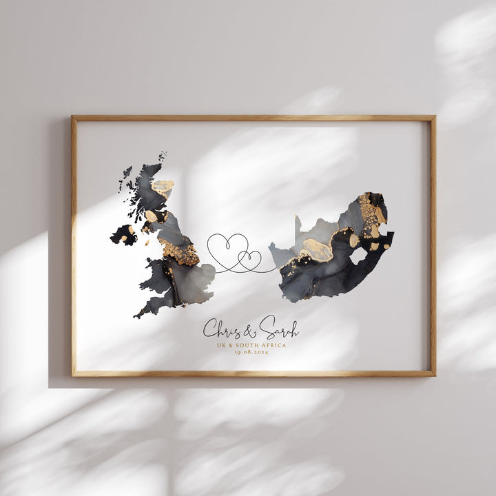 Personalised Map Print | Custom Two Countries or US States Map Emerald Green & Gold Travel Wall Art Print | Wedding Engagement Gift