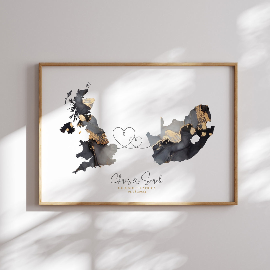 Personalised Map Print | Custom Two Countries or US States Map Sage Green & Gold Travel Wall Art Print | Wedding Engagement Gift