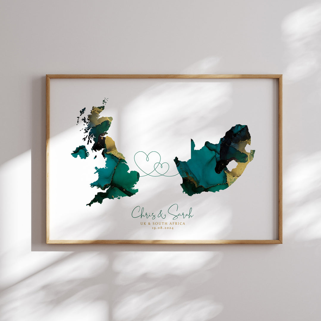 Personalised Map Print | Custom Two Countries or US States Map Sage Green & Gold Travel Wall Art Print | Wedding Engagement Gift