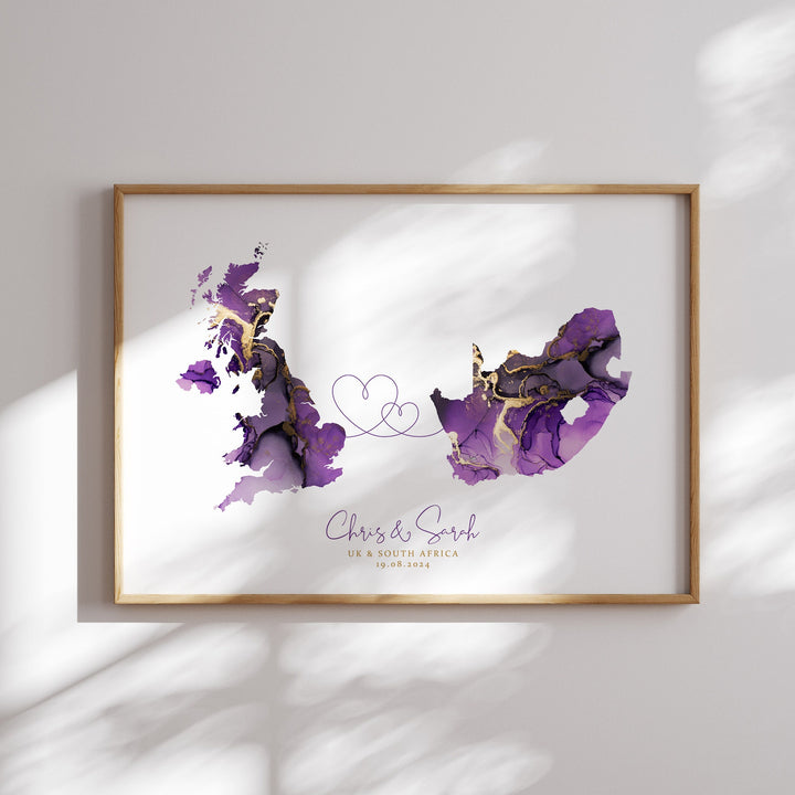 Personalised Map Print | Custom Two Countries or US States Map Purple & Gold Travel Wall Art Print | Wedding Engagement Gift
