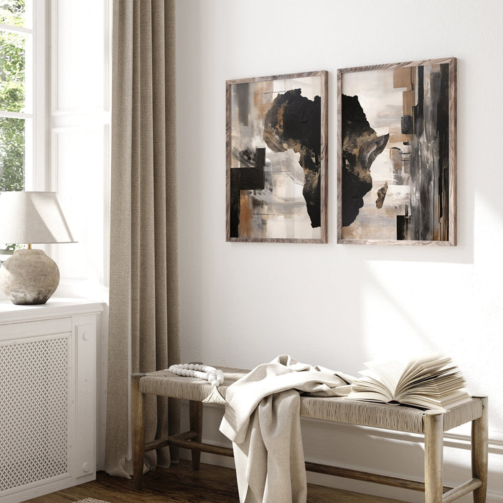 Custom Any Two Counties Map Abstract Painting Wall Art Prints | Black and Gold + Beige