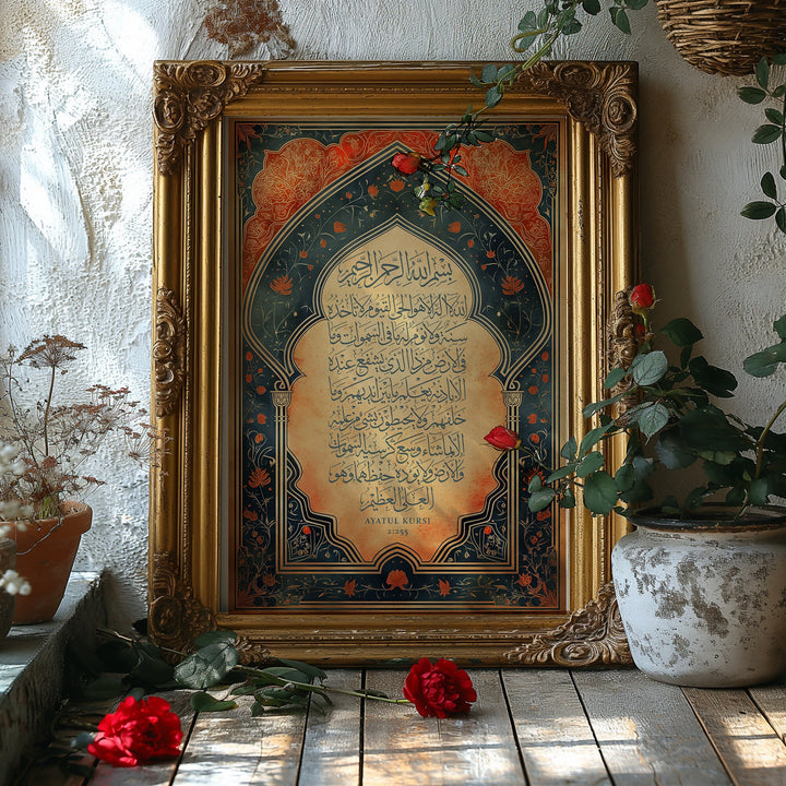Ayatul Kursi Floral Vinrage Islamic Wall Art Print Green & Red With Arabic Calligraphy