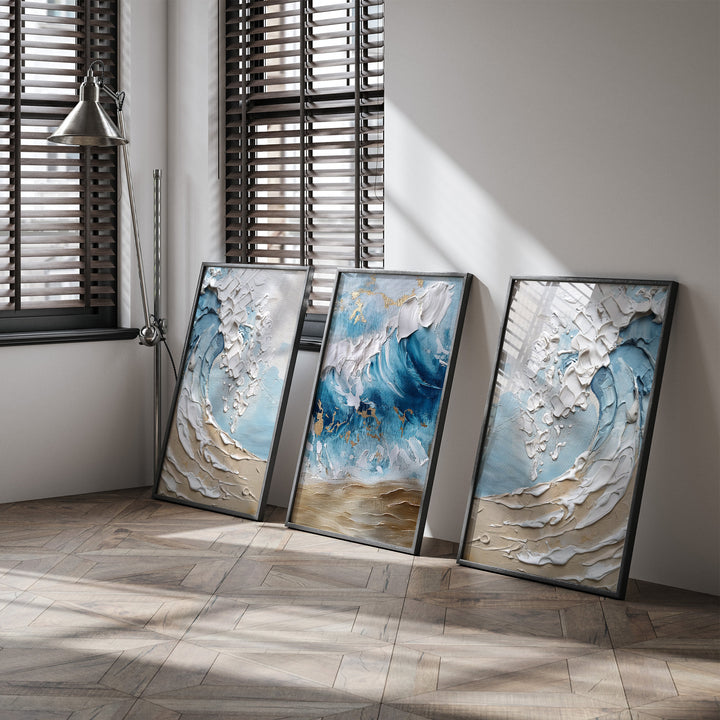Beige & Blue Beach Ocean Waves Wall Art Prints | Abstract Wall Art | Wabi Sabi Wall Ar