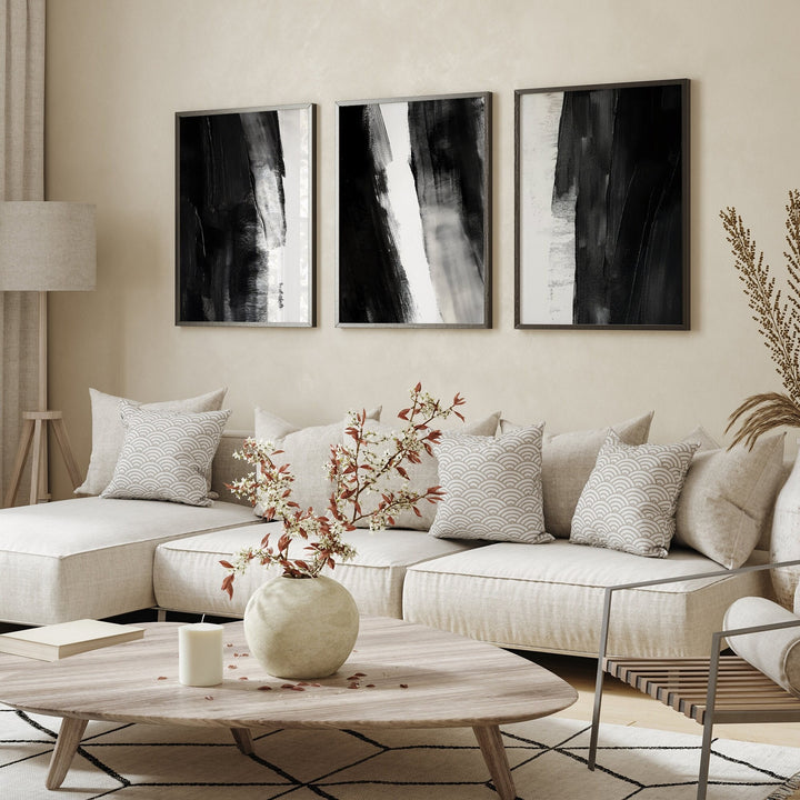 Black Abstract Paint Brush Stroke Prints | Modern Painting Wall Art Decor | Monochrome Minimalist