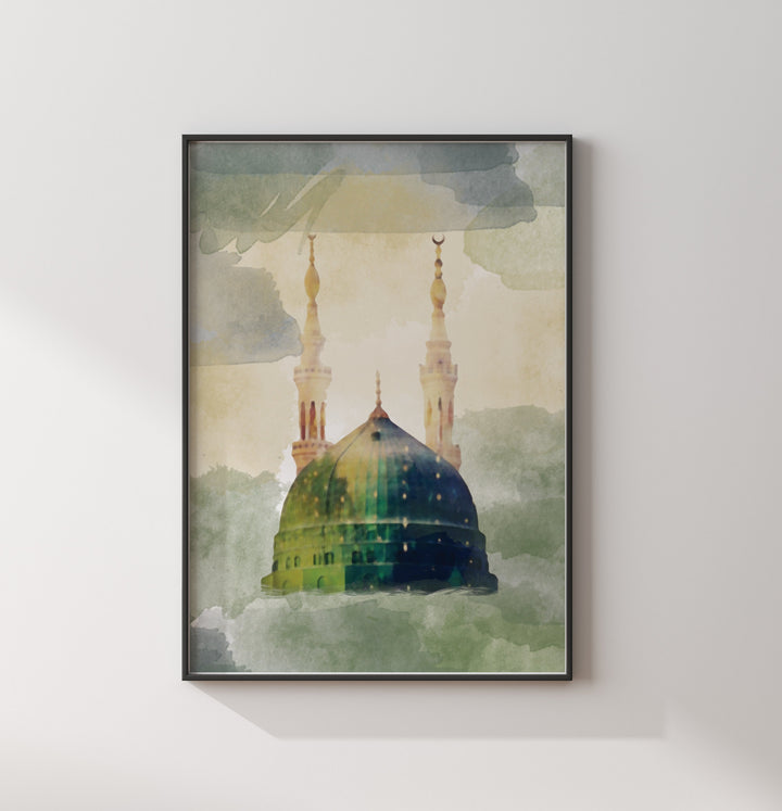 Set of 2 Holy Mosques Abstract Watercolour Islamic Wall Art Prints Masjid Nabwi And Masjid Al Haram